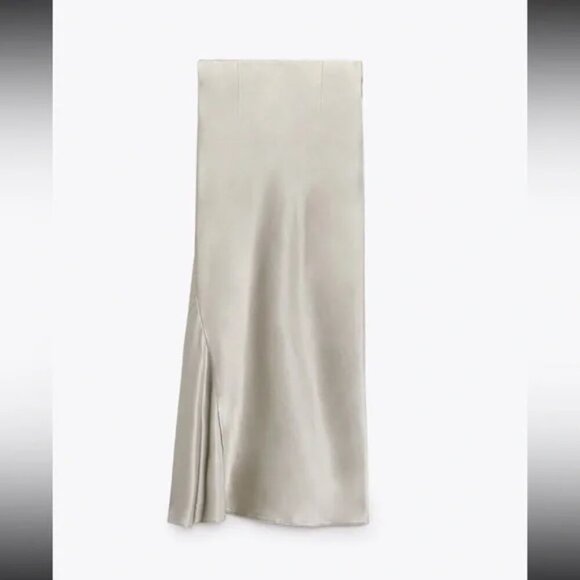 Zara Bias Cut Satin Maxi Skirt Silvery Tan NWT Size Medium - Picture 5 of 13